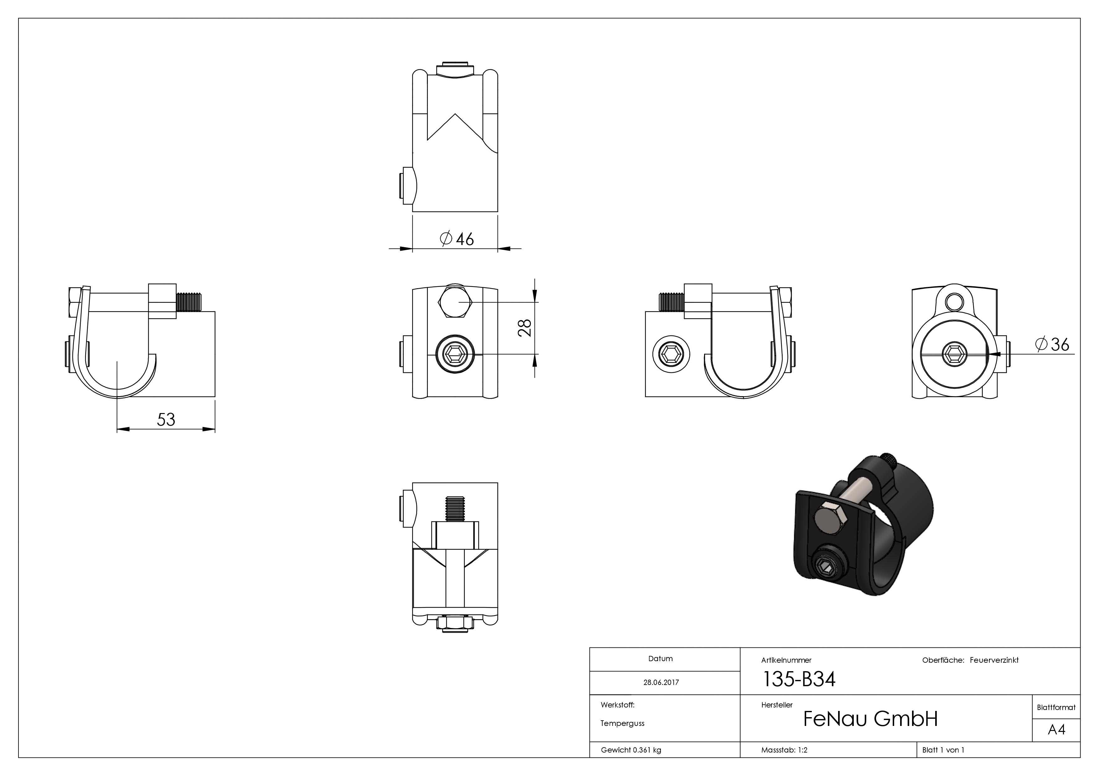 Rohrverbinder - T-Stueck offen - 135B34 - 33-7 mm - 1- - Feuerverzinkt u. Elektrogalvanisiert-135B34