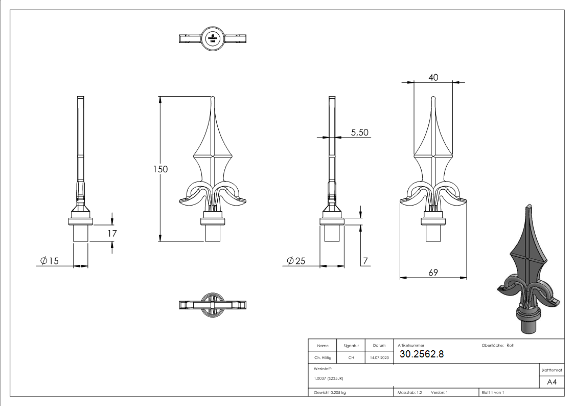 Zaunspitze | Höhe: 160 mm | Material: Ø 15 mm | Stahl S235JR, roh