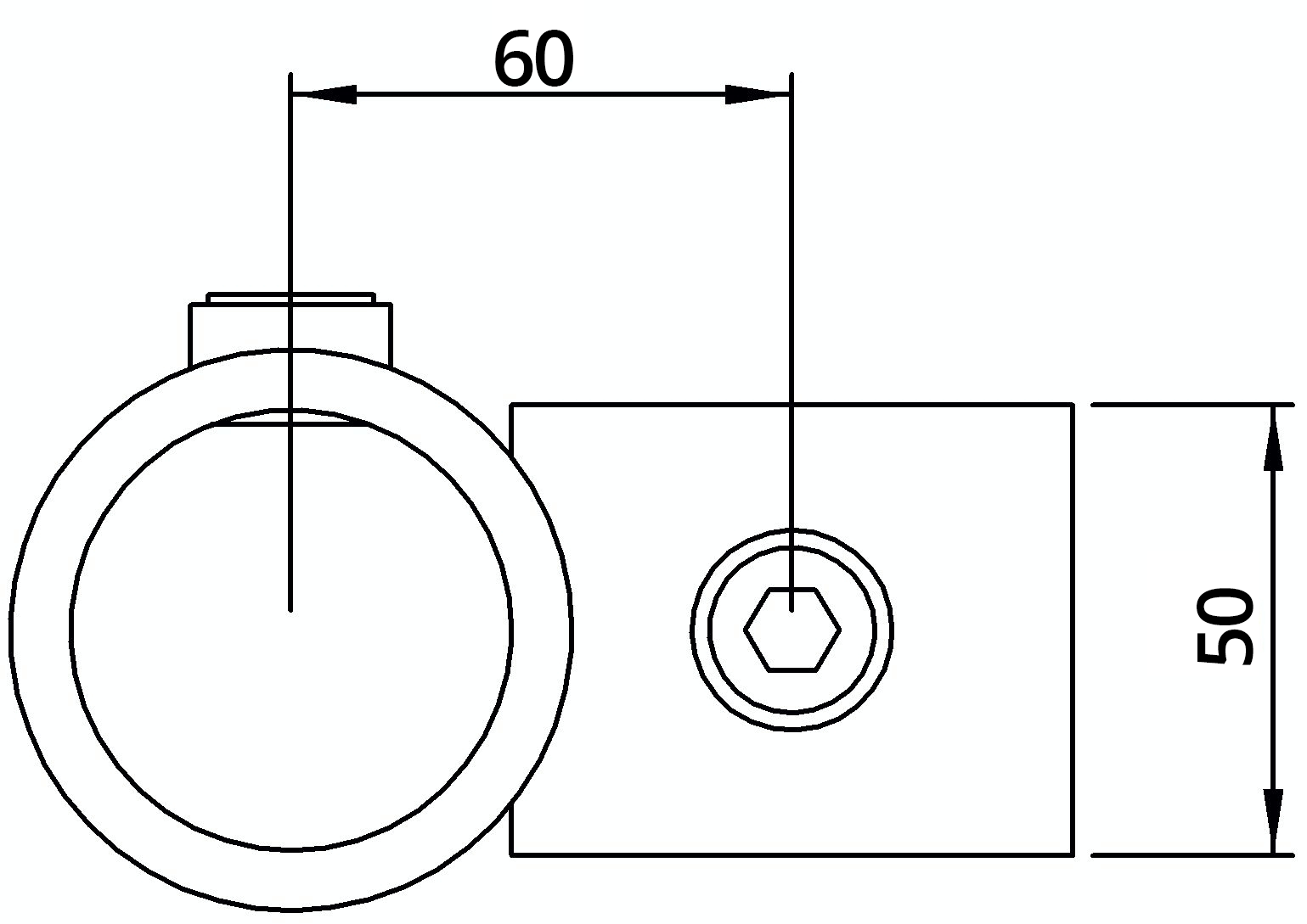 Rohrverbinder | Kreuzstück vorgesetzt 90° reduziert | 161E60/D48 | 60,3 mm; 48,3 mm | 2"; 1 1/2" | Temperguss u. Elektrogalvanisiert