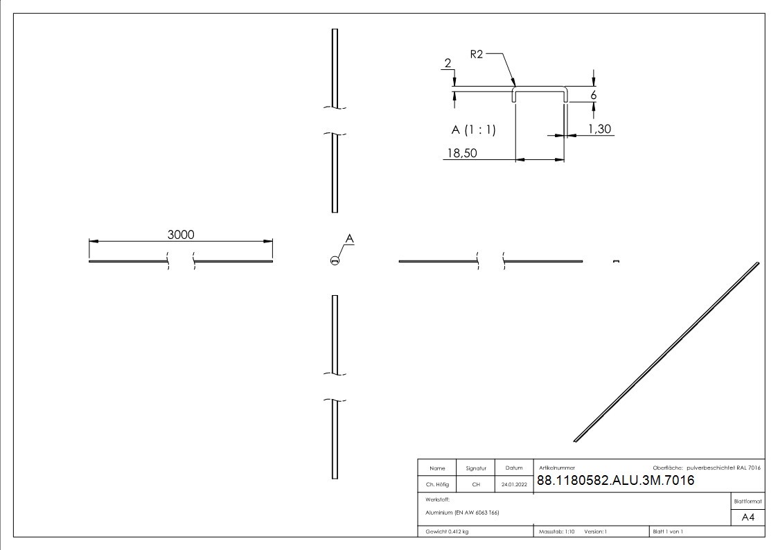 Kantenschutz EXTRA SLIM, für Glas 16,00 - 17,52mm, L=3m, Aluminium RAL 7016