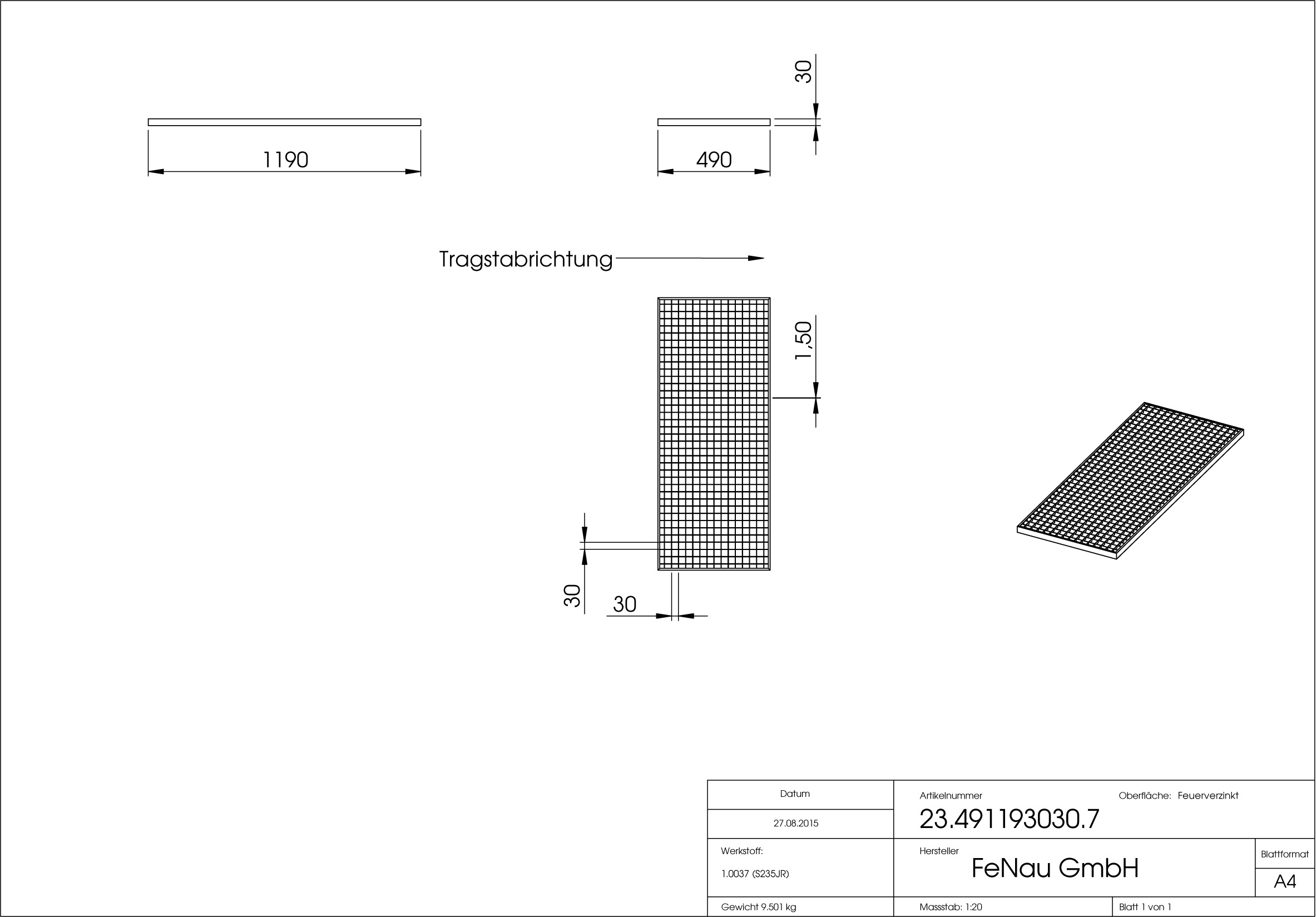 Lichtschachtrost Baunormrost | Maße:  490x1190x30 mm 30/30 mm | aus S235JR (St37-2), im Vollbad feuerverzinkt