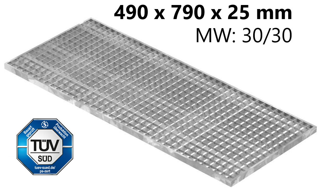 Lichtschachtrost Baunormrost | Maße:  490x790x25 mm 30/30 mm | aus S235JR (St37-2), im Vollbad feuerverzinkt