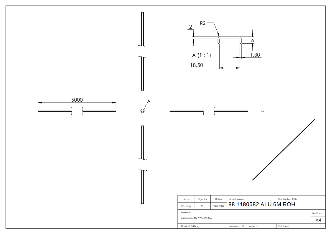 Kantenschutz EXTRA SLIM, für Glas 16,00 - 17,52mm, L=6m, Aluminium roh