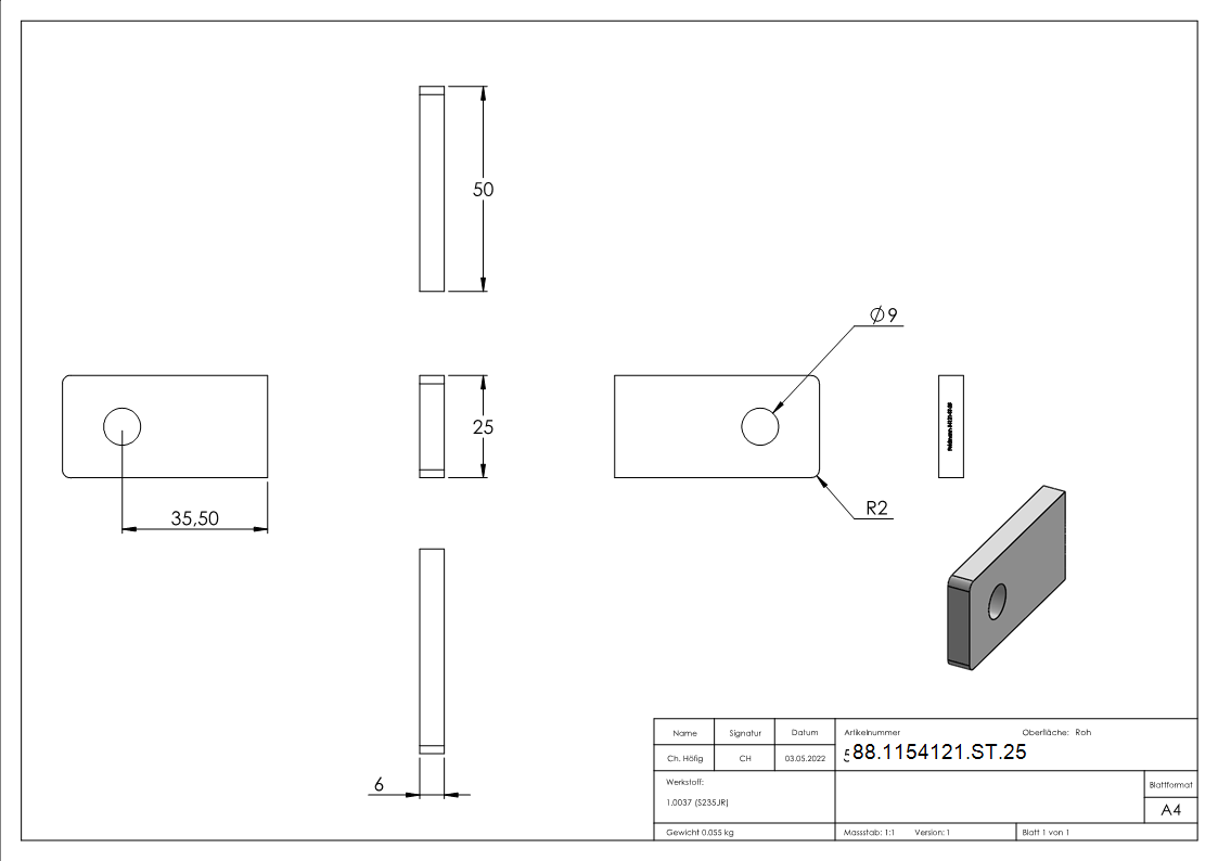 Anschweisslasche eckig 50x25x6mm-88-1154121-ST.25