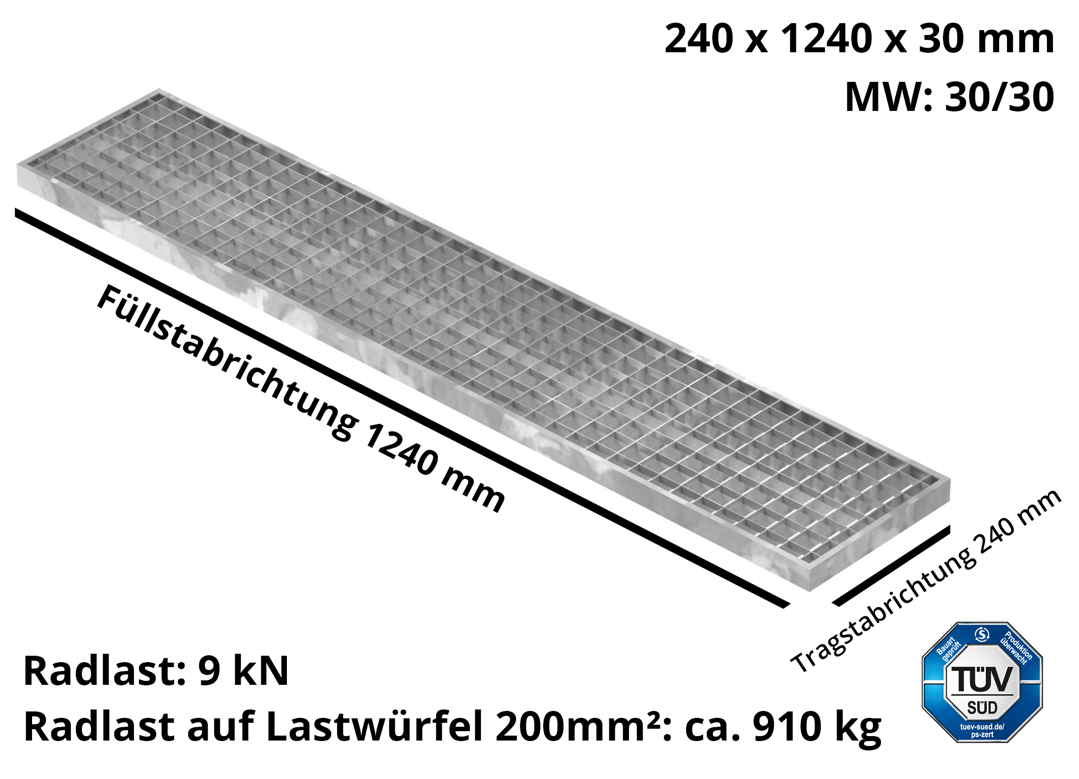 Garagen-Gitterrost | Maße:  240x1240x30 mm 30/30 mm | aus S235JR (St37-2), im Vollbad feuerverzinkt