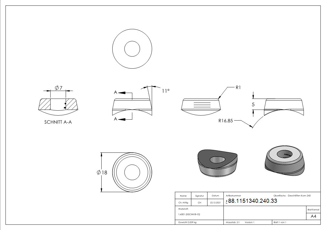 Ausgleichsstueck Ø 18mm fuer Rundrohr Ø 33-7 mm V2A-88-1151340-240.33