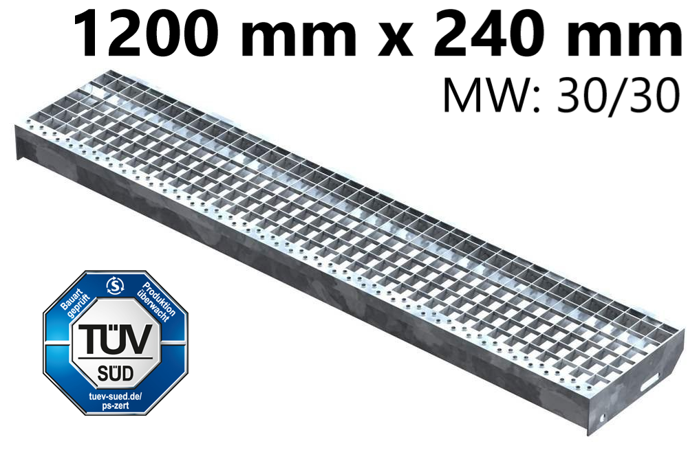 Gitterroststufe Treppenstufe Maße: 1200x240 mm 30/30 mm S235JR (St37-2), im Vollbad feuerverzinkt