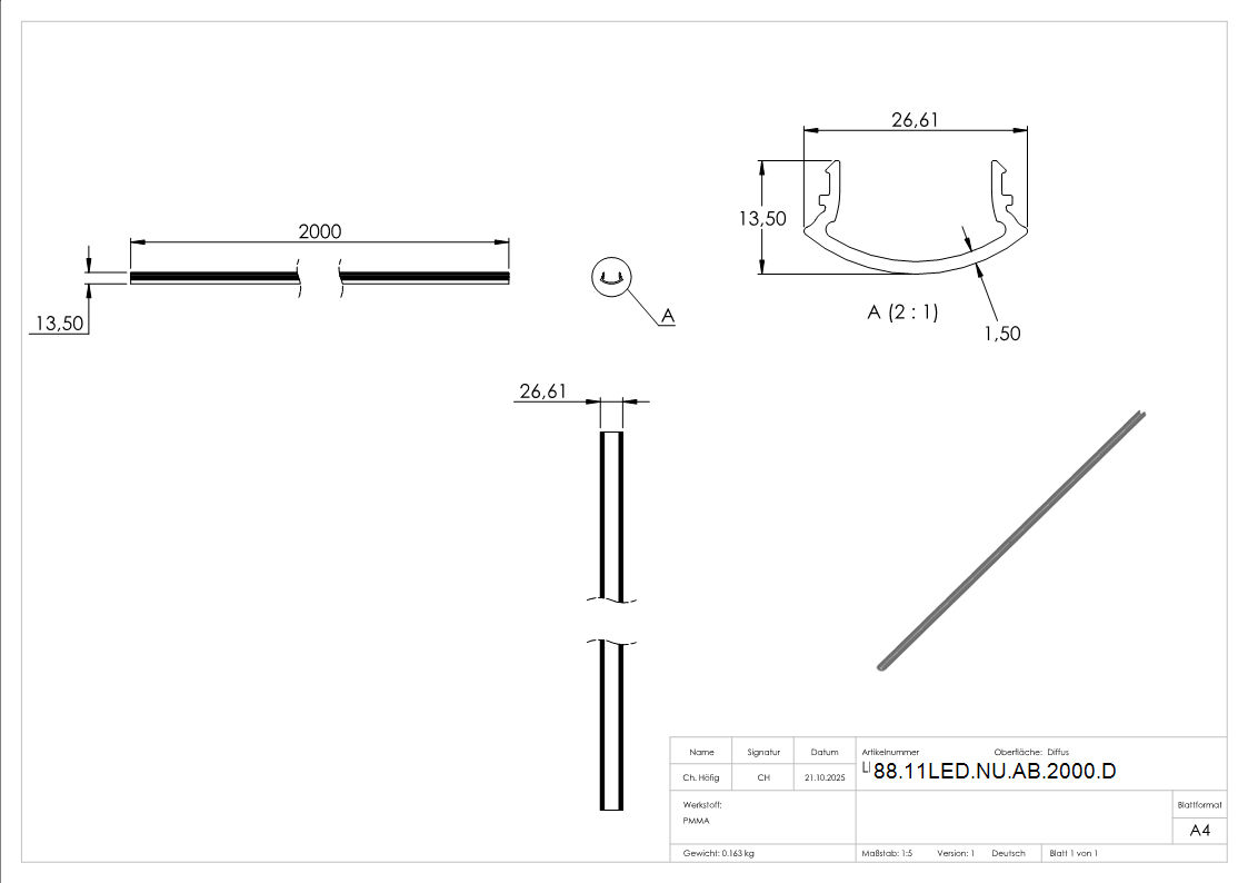 LED-Nutrohr LUNORA®- Kunststoffabdeckung diffus fuer Rund-Nutrohr 42-4mm- PMMA- L- 2000mm-88-11LED-NU-AB-2000.D