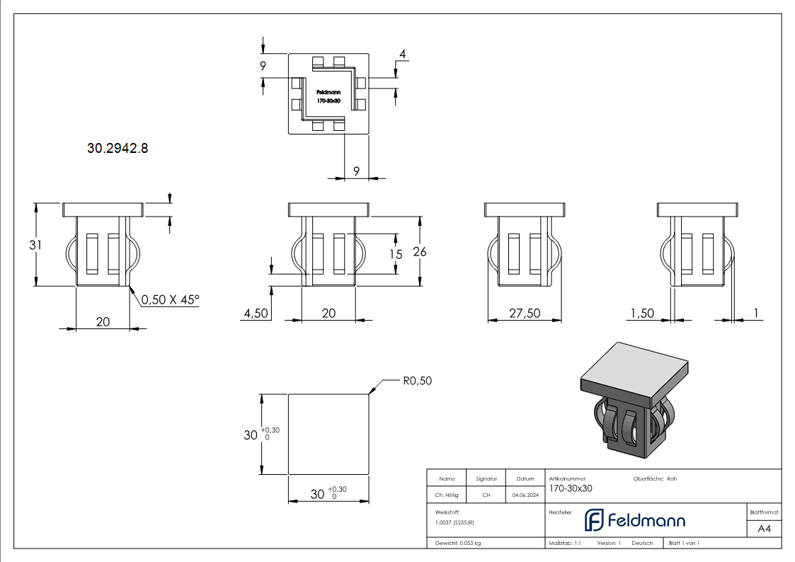 Stahlstopfen flach | für Rohr 30x30x1,5-3,0 mm | Stahl S235JR, roh