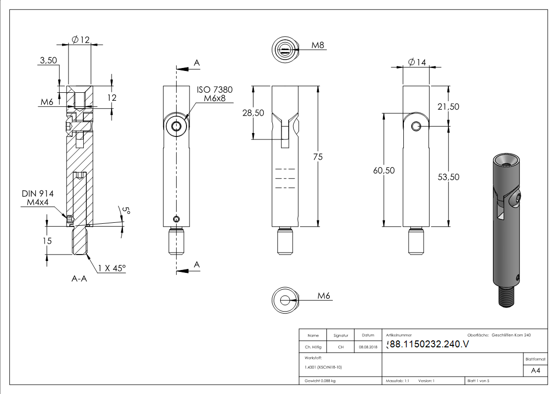 Gelenkstift Ø 14mm, Länge: 76mm, V2A