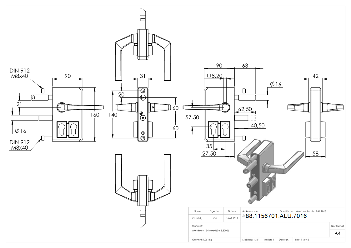 Gittertorschloss GTS 2 mit Doppelzylinder fuer Rohrstaerke 40-60mm- anthrazitgrau-88-1156701-ALU.7016
