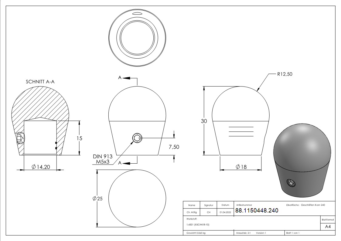 Endkappe Edelstahl V2A Ø 14 mm halbrund mit Madenschraube-88-1150448.240