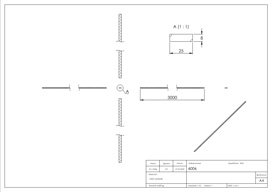 Flacheisen | 4 Kanten gehämmert | Material: 25x8 mm | Stahl (Roh) S235JR