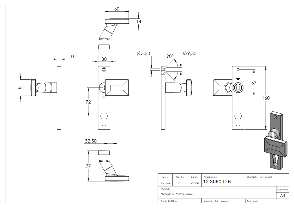 Alu-Tuerdruecker - gekroepft - drehbar - Aluminium EV1-12-3060-D.6
