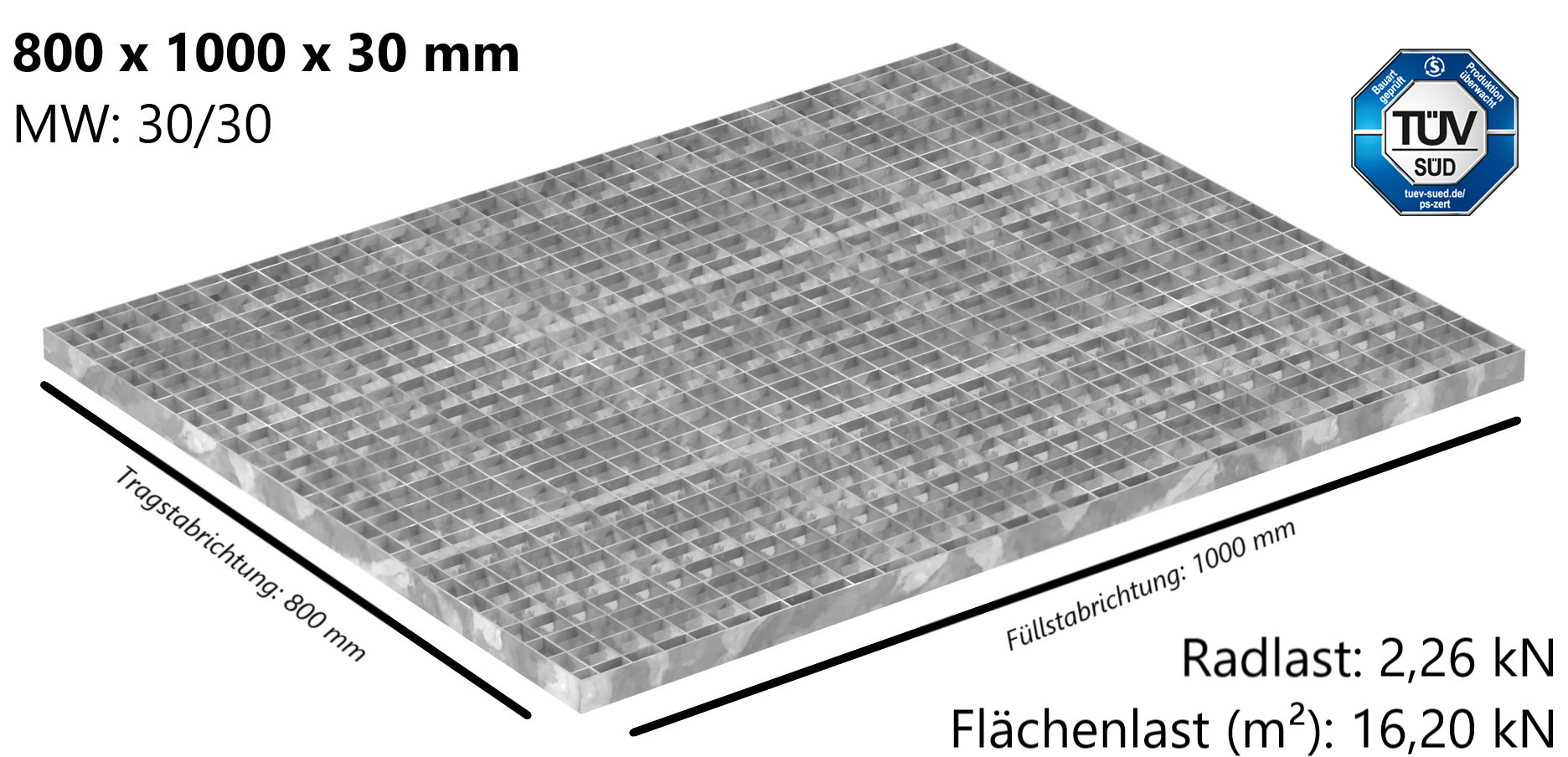 Industrie-Gitterrost | Maße: 800x1000x30 mm; MW 30/30 mm; 30/2 mm | S235JR (St37-2), im Vollbad feuerverzinkt