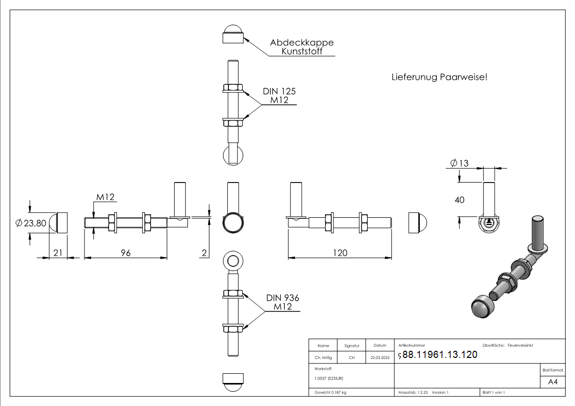 Einhängeband Torband zum Durchschrauben für Ø 13mm, Länge 120mm