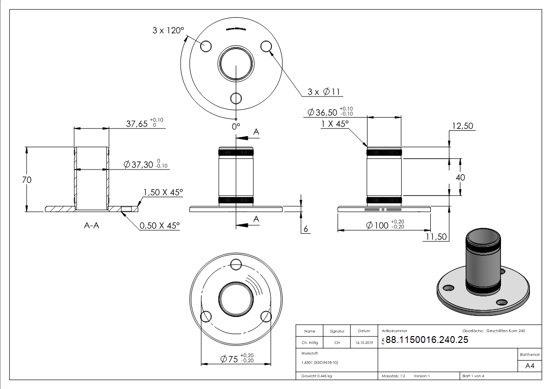 Wand- und Bodenanker mit Rändelung für Rohr 42,4 mm