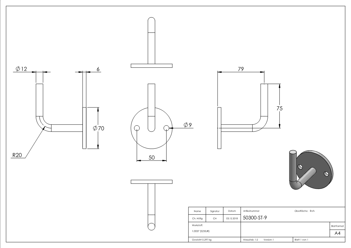 Handlaufhalter | mit Ronde 70x6 mm | zum Anschweißen | Stahl S235JR, roh