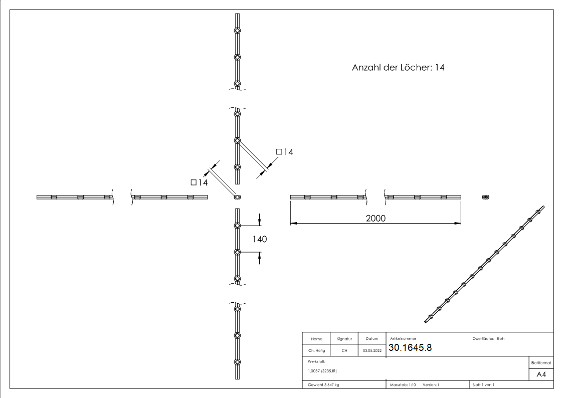 Lochleiste schraeg fuer Quadratrohr Material- 14x14 mm Laenge- 2000 mm Stahl S235JR- roh-30-1645.8
