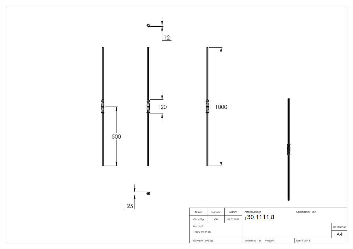 Zwischenstab | Länge: 900 mm | Material: 12 mm | rund, gehämmert | Stahl S235JR, roh