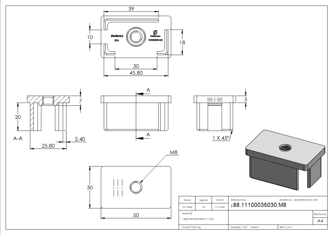Einsteckkappe, für Rohr 50 x 30 x 2,0mm, mit Gewinde M8, V4A