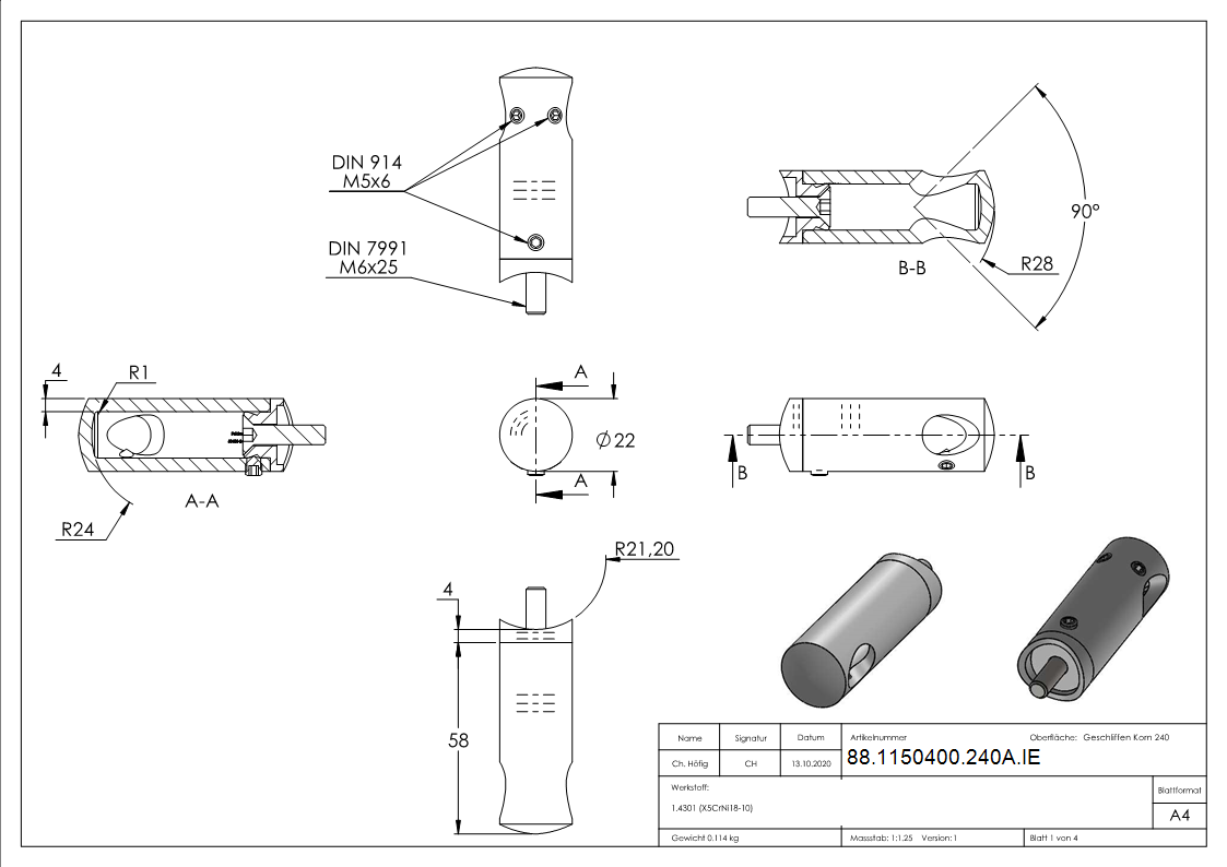 Querstabhalter V2A Edelstahl – 90° Innenecke für Anschluss 42,4 mm passend für Rundstäbe 12 mm inkl. Maden- & Befestigungsschrauben