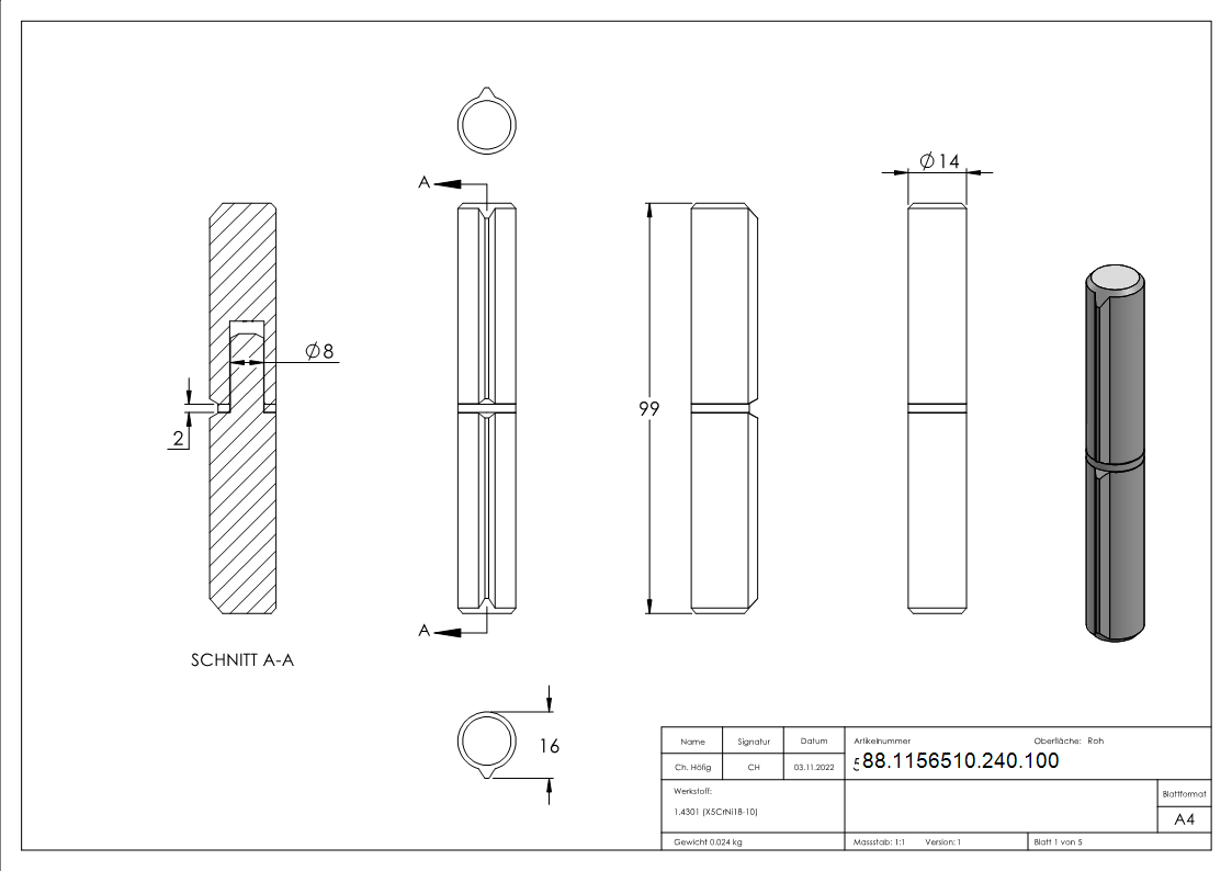 Anschweißband, Länge: 100mm, fester Zapfen, V2A