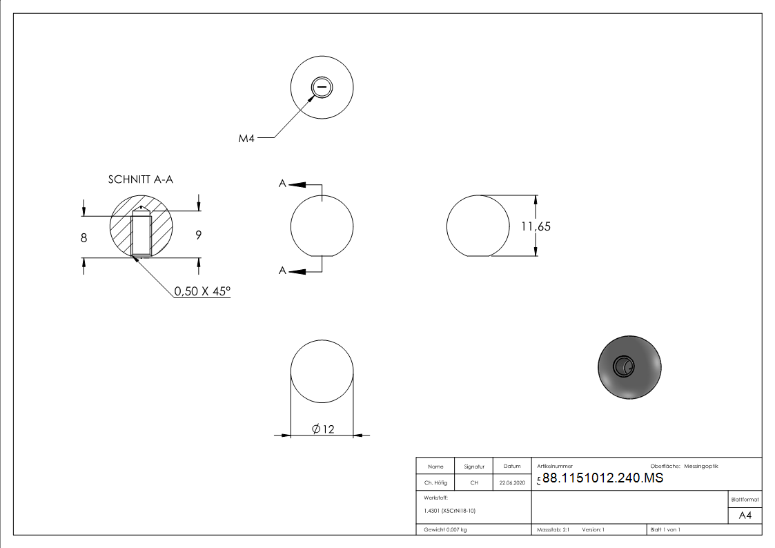 Messingkugel Ø 12mm mit M4