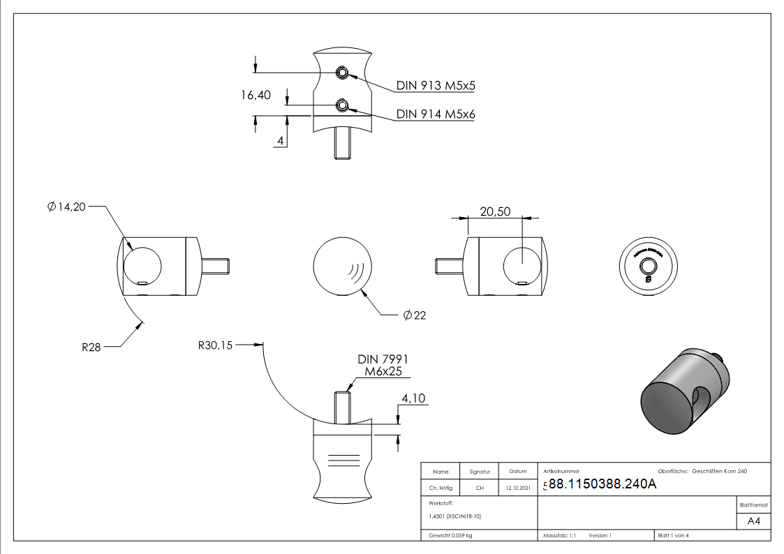 Querstabhalter V2A Edelstahl – Anschluss 60-3 mm passend fuer Rundstaebe 14 mm inkl- Schrauben-88-1150388.240A