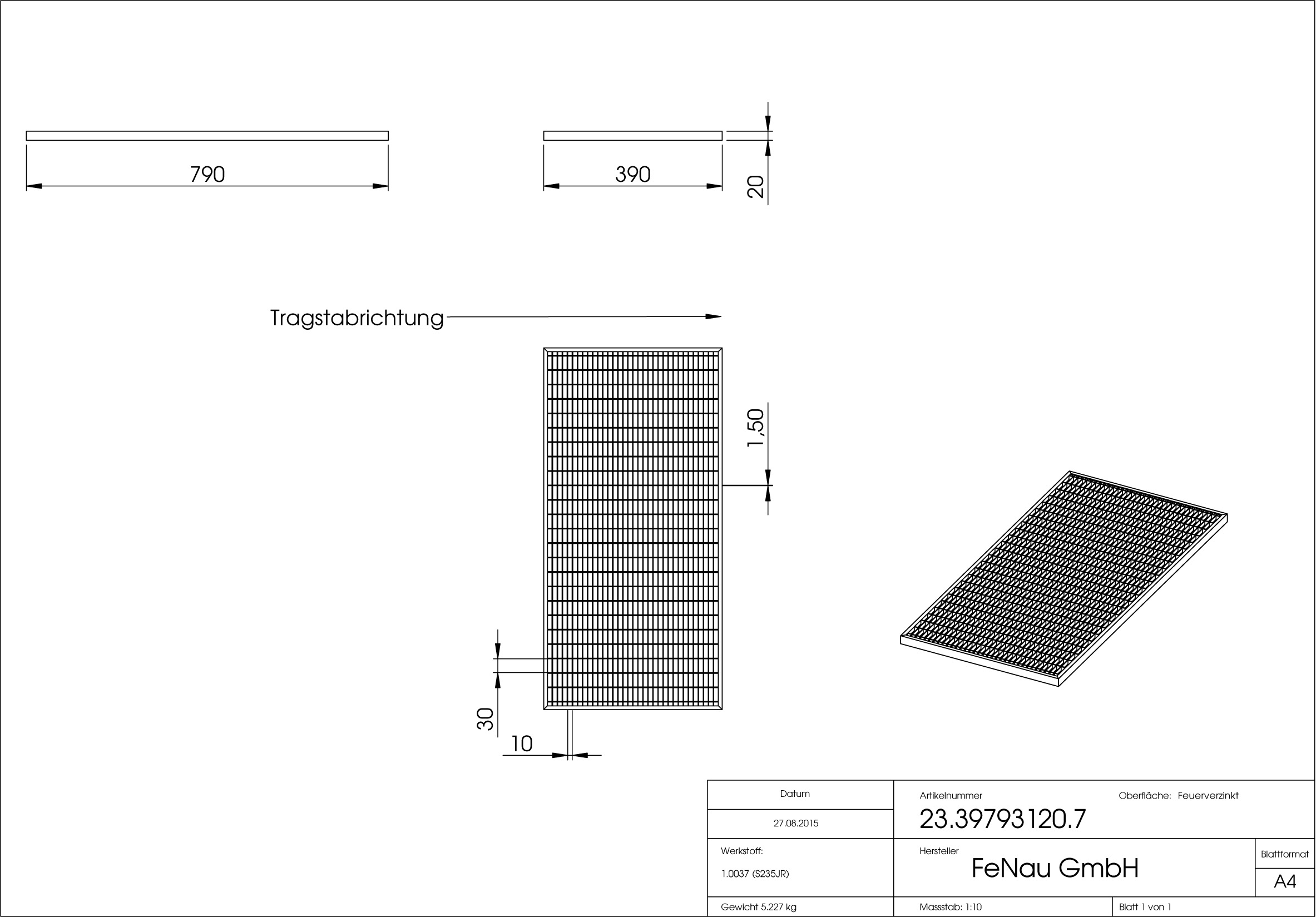 Lichtschachtrost Baunormrost | Maße:  390x790x20 mm 30/10 mm | aus S235JR (St37-2), im Vollbad feuerverzinkt