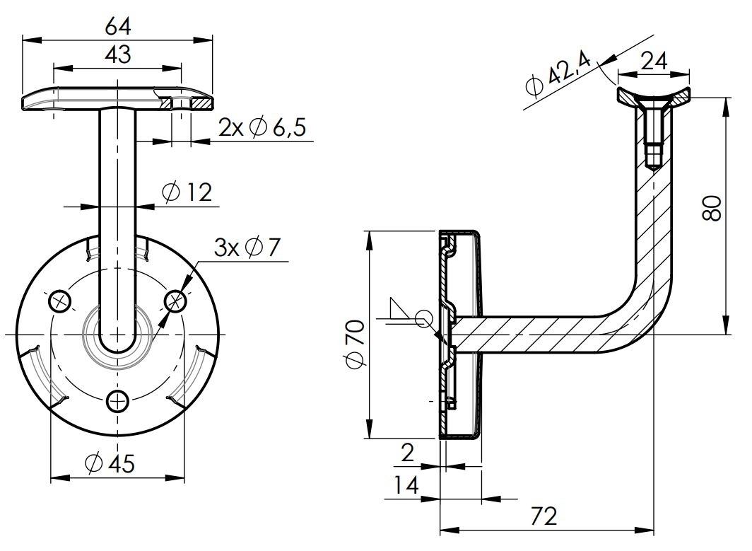 Handlaufhalter aus Edelstahl V2A – fuer Ø 42-4 mm Handlauf - mit Halteplatte zum Anschrauben-11-2081-A.4