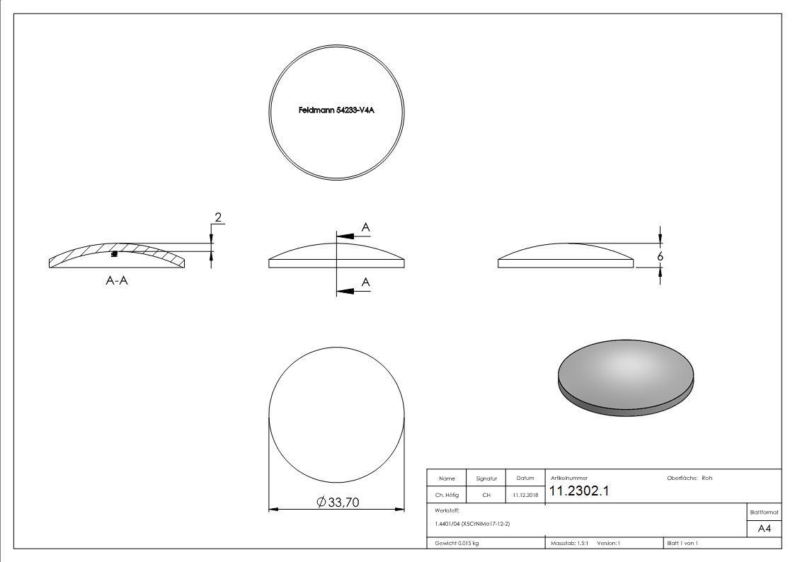 Klöpperboden  Ø 33,7x2,0 mm gewölbt zum Aufschweißen | V4A