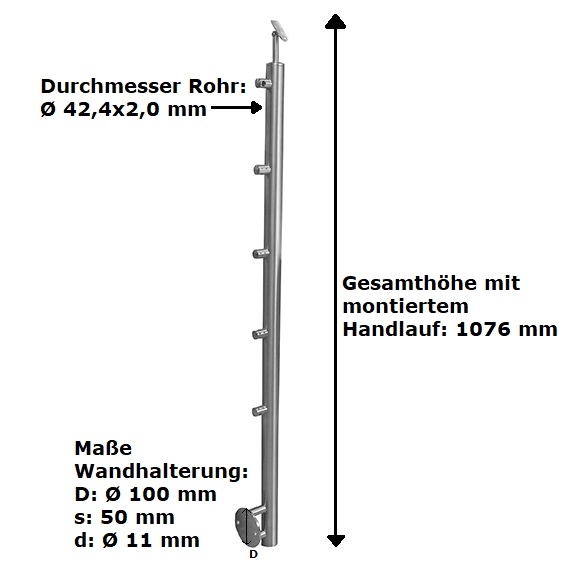 Gelaenderpfosten Edelstahl AISI 304 900 mm D 42-4 mm Seitenverankerung 4 Fuellstabhalter D 12 mm-14-0074RR-A.4