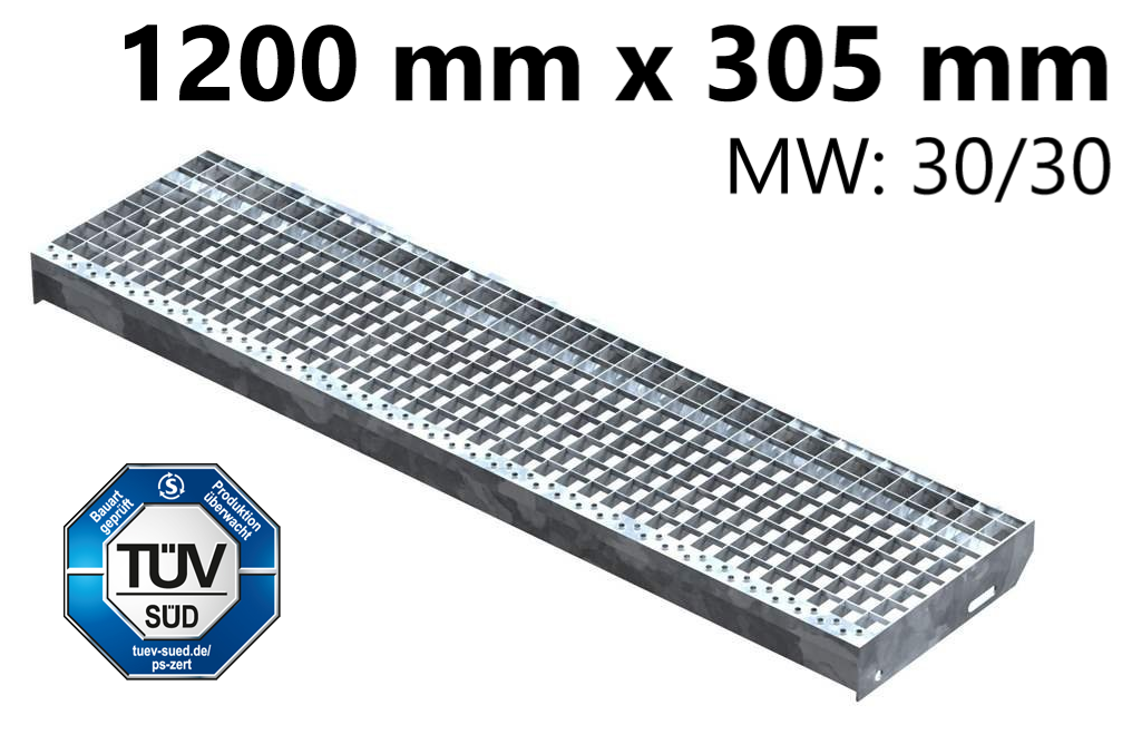 Gitterroststufe Treppenstufe | Maße: 1200x305 mm 30/30 mm | S235JR (St37-2), im Vollbad feuerverzinkt