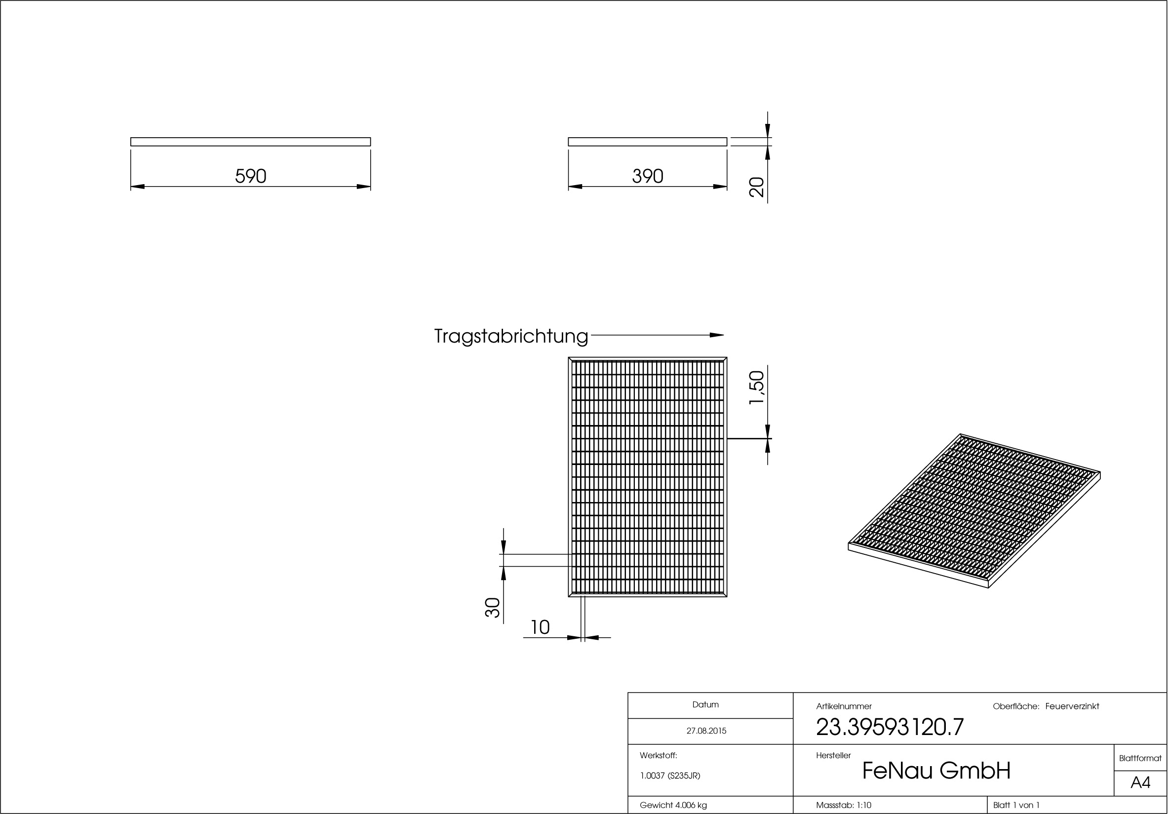 Lichtschachtrost Baunormrost | Maße:  390x590x20 mm 30/10 mm | aus S235JR (St37-2), im Vollbad feuerverzinkt