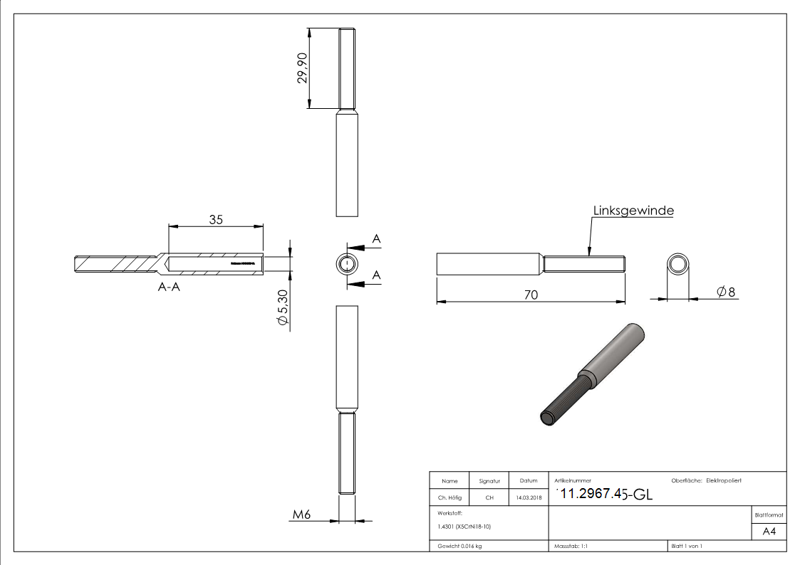 Gewindeterminal mit Aussengewinde - Linksgewinde - Fuer Seil von Ø 5 mm -V2A-11-2967.4