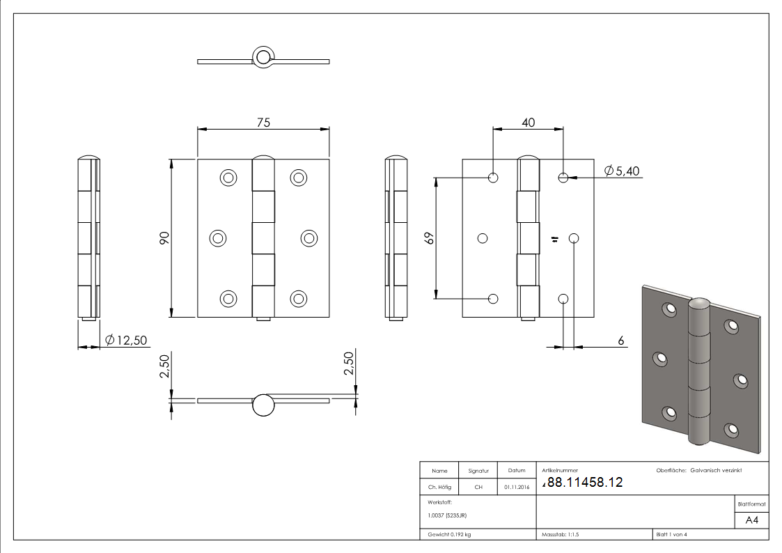 Scharnier 90 x 75mm mit herausnehmbaren Zapfen