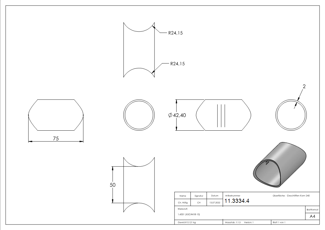 Rohrverbindungsstueck fuer Rundrohr Ø 48-3 mm V2A-11-3334.4