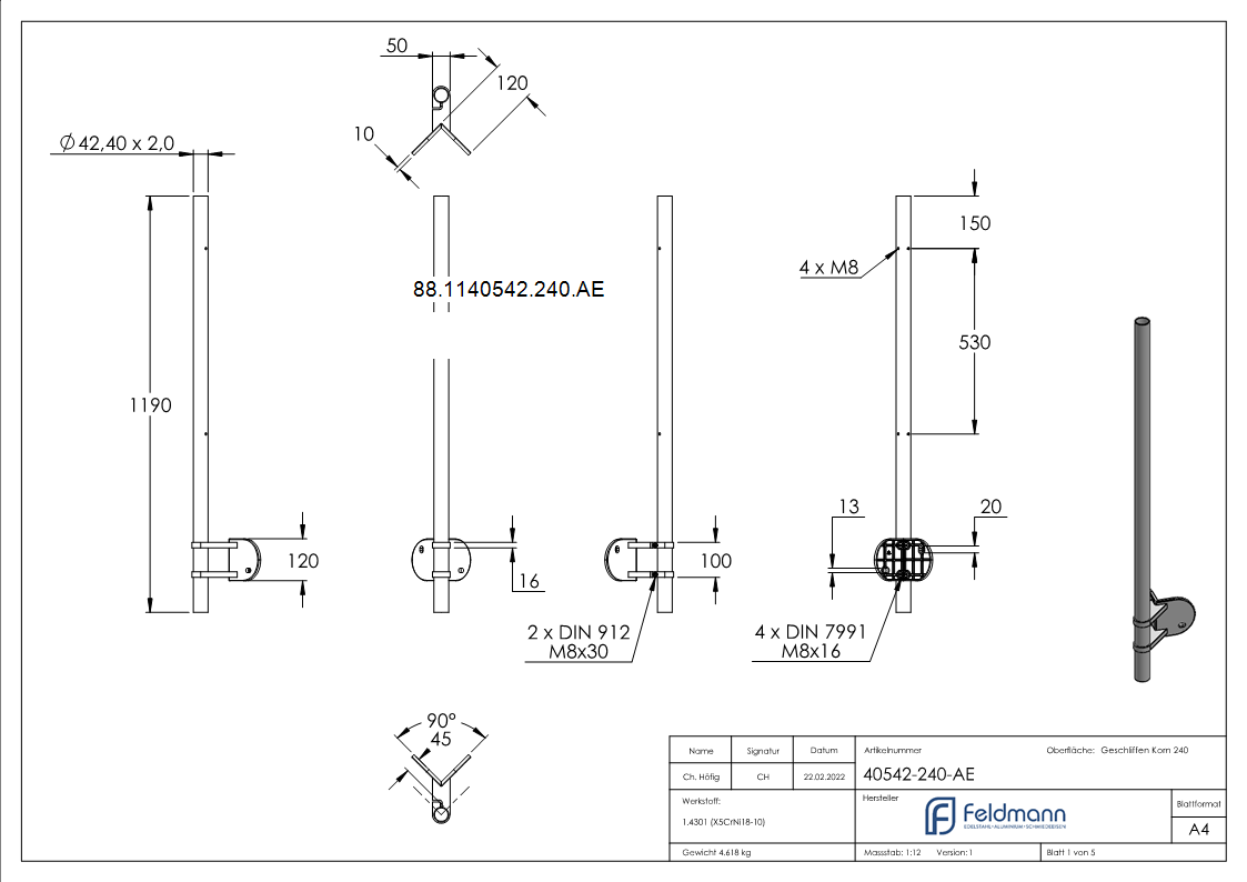 Edelstahlpfosten V2A zur Wandmontage fuer 90° Ausseneck- Laenge 1190mm-88-1140542-240.AE