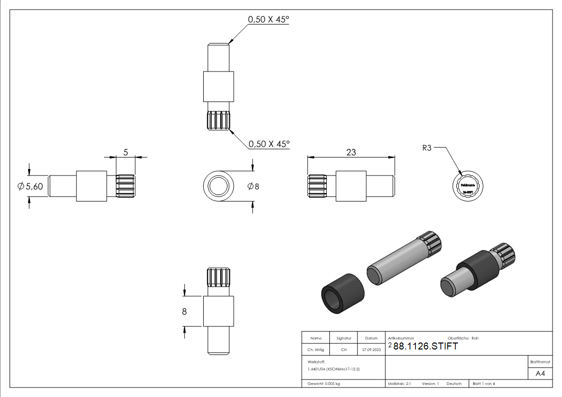 Sicherungsstift Edelstahl V4A fuer Modell 26 Sichtschutzklemmen-88-1126.STIFT