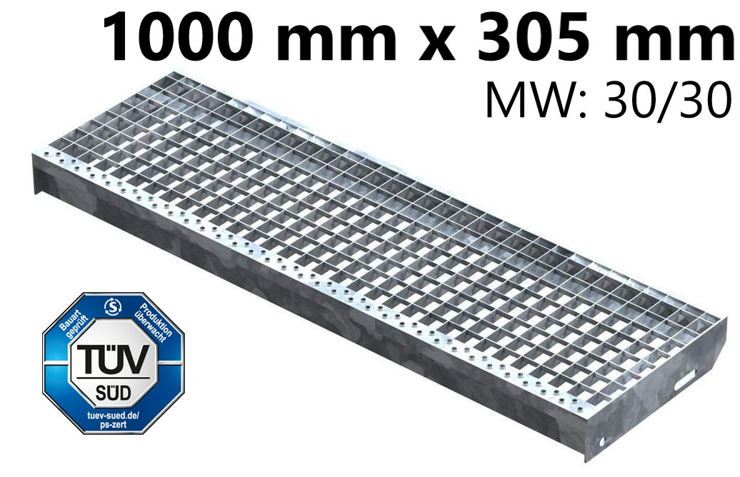 Gitterroststufe Treppenstufe Maße: 1000x305 mm 30/30 mm S235JR (St37-2), im Vollbad feuerverzinkt
