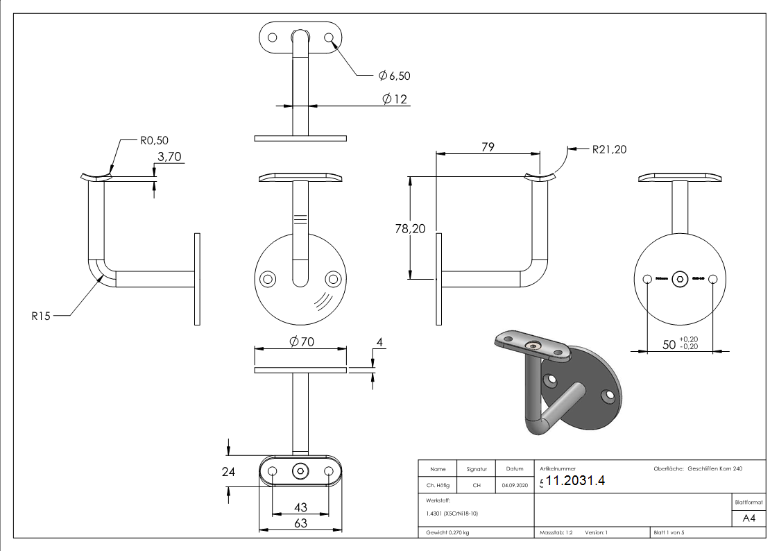 Handlaufhalter mit Ronde 70x4 mm und Halteplatte für Ø 42,4 mm V2A