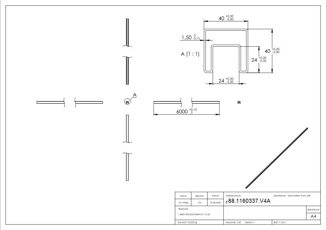 Quadratnutrohr Edelstahl V4A 40 x 40 x 1-5 mm Nut 24 x 24 mm L = 6000 mm geschliffen-88-1160337.V4A