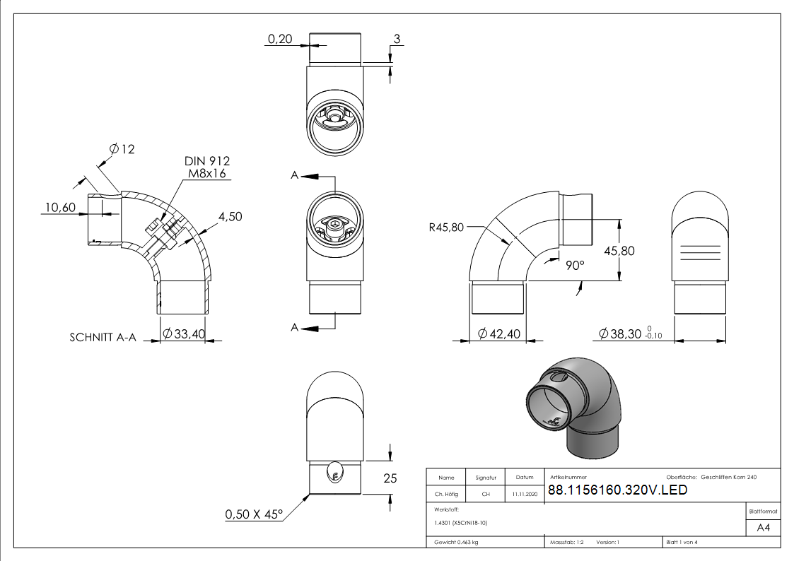 Rohrbogen 90°- verstellbar- fuer 42-4 x 2-0mm-88-1156160-320V.LED
