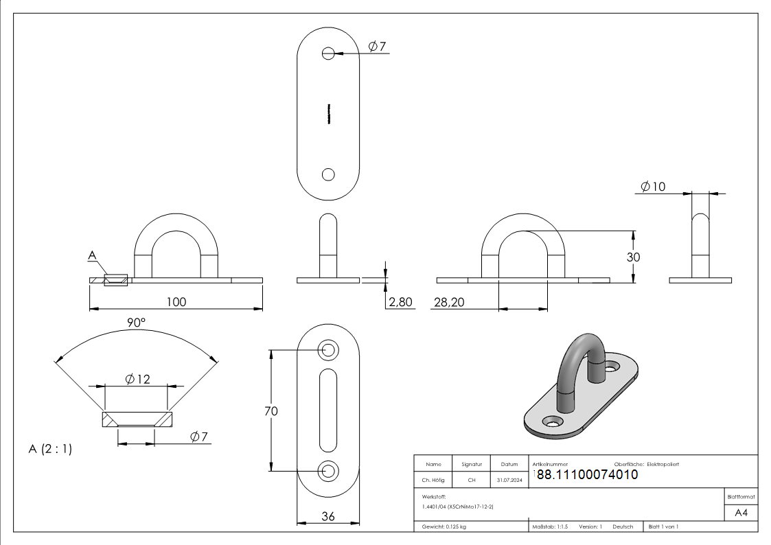 Befestigungsoese oval Edelstahl V4A 10 mm Rundeisen mit 2 Bohrungen-88.11100074010