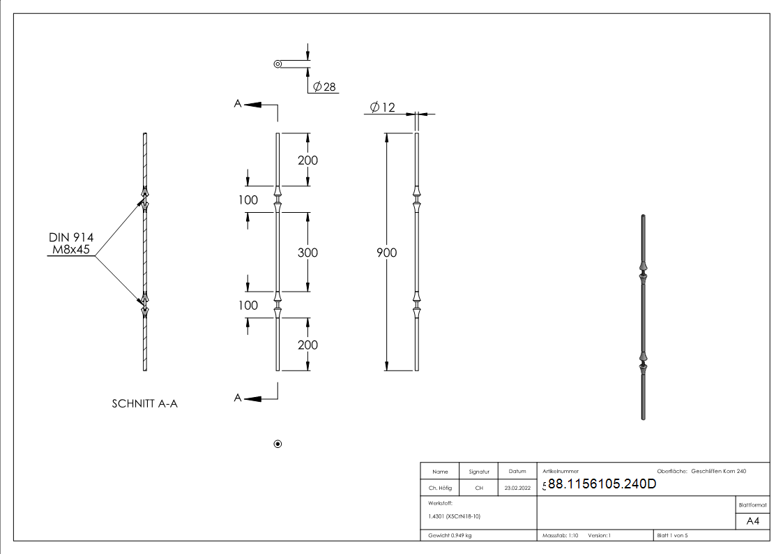 Zierstab Edelstahl V2A Rund Ø 12 mm L = 900 mm ohne Kugeln-88-1156105.240D
