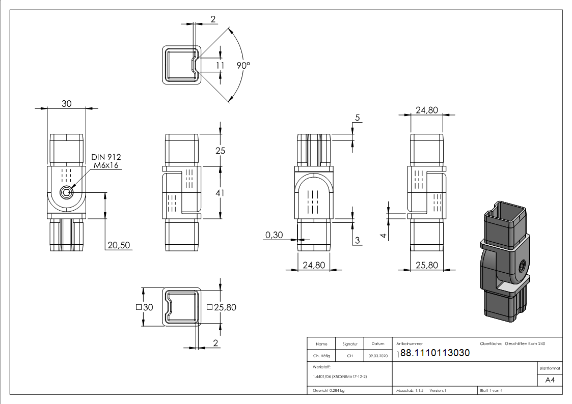 Verbindungsgelenk für Rohr 30x30x2mm, V4A