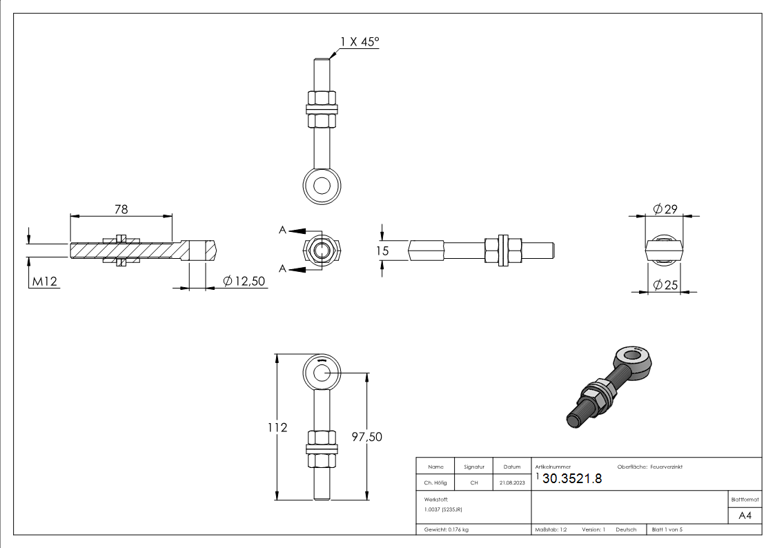Torband Augenschraube M12 x 95 mm - Komplett Feuerverzinkt - inkl- Muttern - Scheiben-30-3521.8