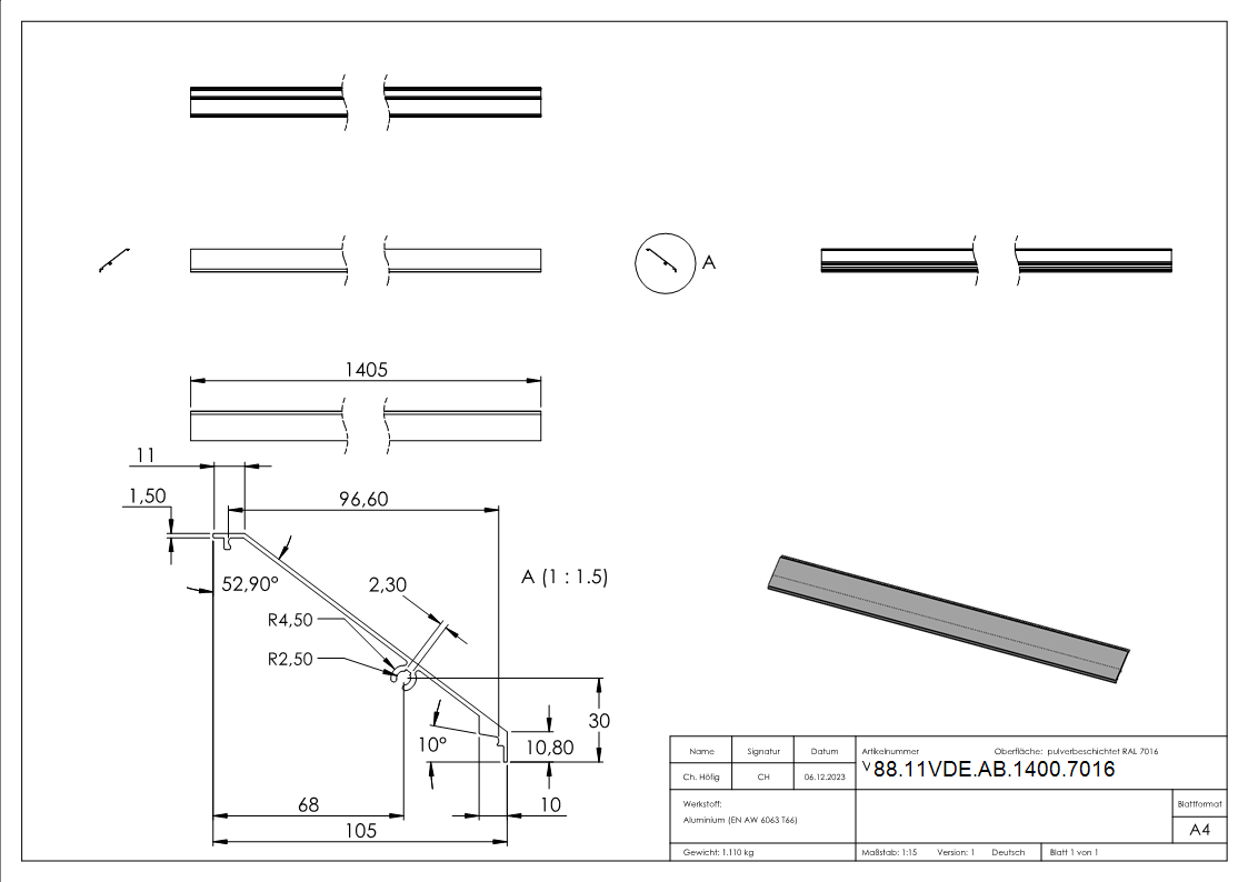 Vordach-Abdeckung Aluminium L = 1405 mm pulverbeschichtet RAL 7016-88-11VDE-AB-1400.7016