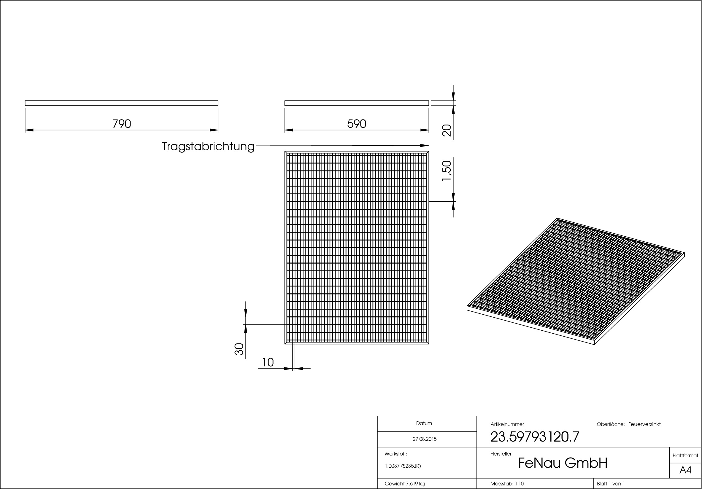 Lichtschachtrost Baunormrost | Maße:  590x790x20 mm 30/10 mm | aus S235JR (St37-2), im Vollbad feuerverzinkt